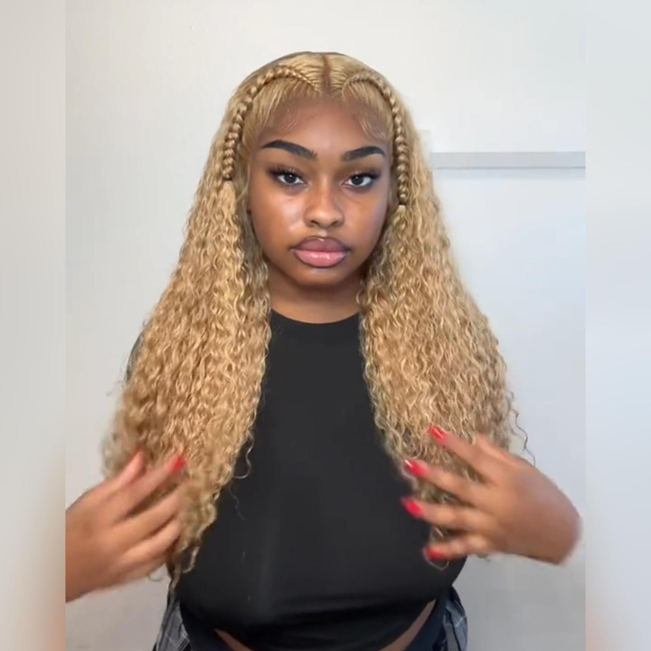 Honey Blonde Water Wave Hair Glueless Braided Lace Front Wig Wiggins Hair